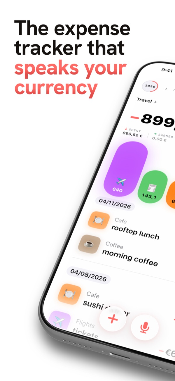 SumiQ dashboard on iPhone - the expense tracker that speaks your currency, with a clear total and colorful category chart.