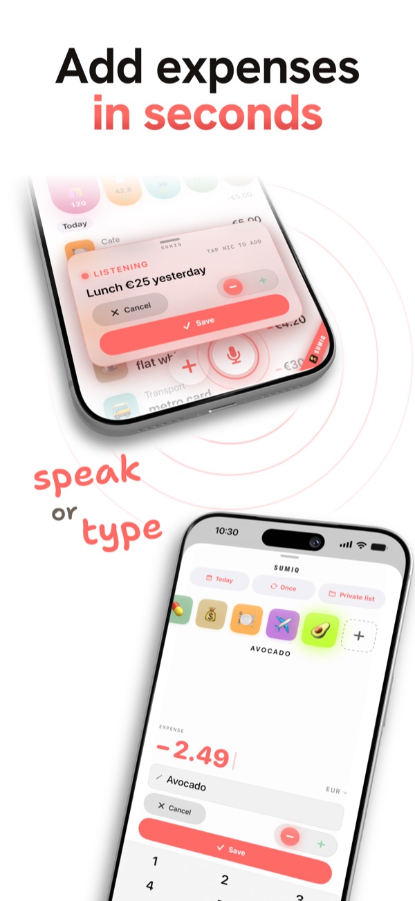 Add expenses in seconds - dictate an expense by voice or type it on the keypad in SumiQ.