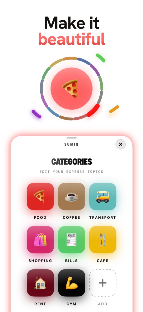 Colorful emoji category tiles - Food, Coffee, Transport, Shopping and more - in SumiQ.