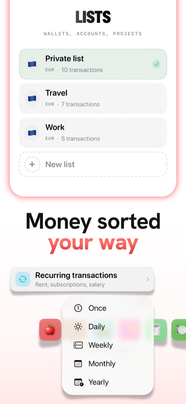 Multiple lists and wallets plus recurring transactions in SumiQ.