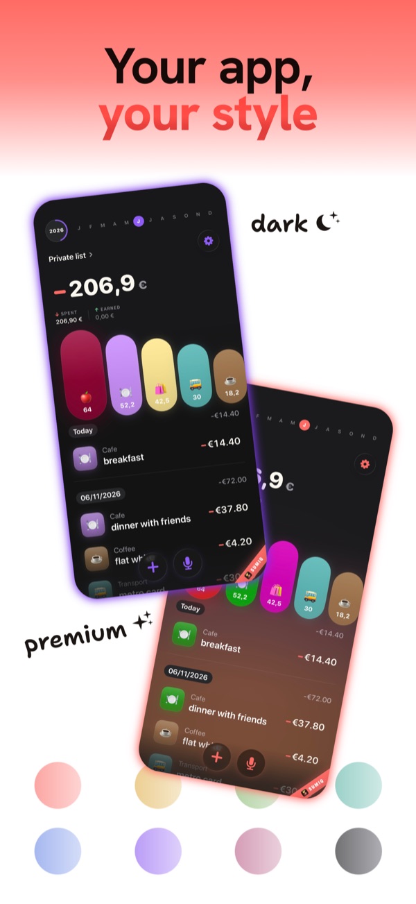 Dark, light and premium themes with accent colors in SumiQ.